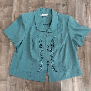 Vtg Lady Dorby Short Sleeve Blazer Jacket 2XL Houndstooth Embroider Green Black